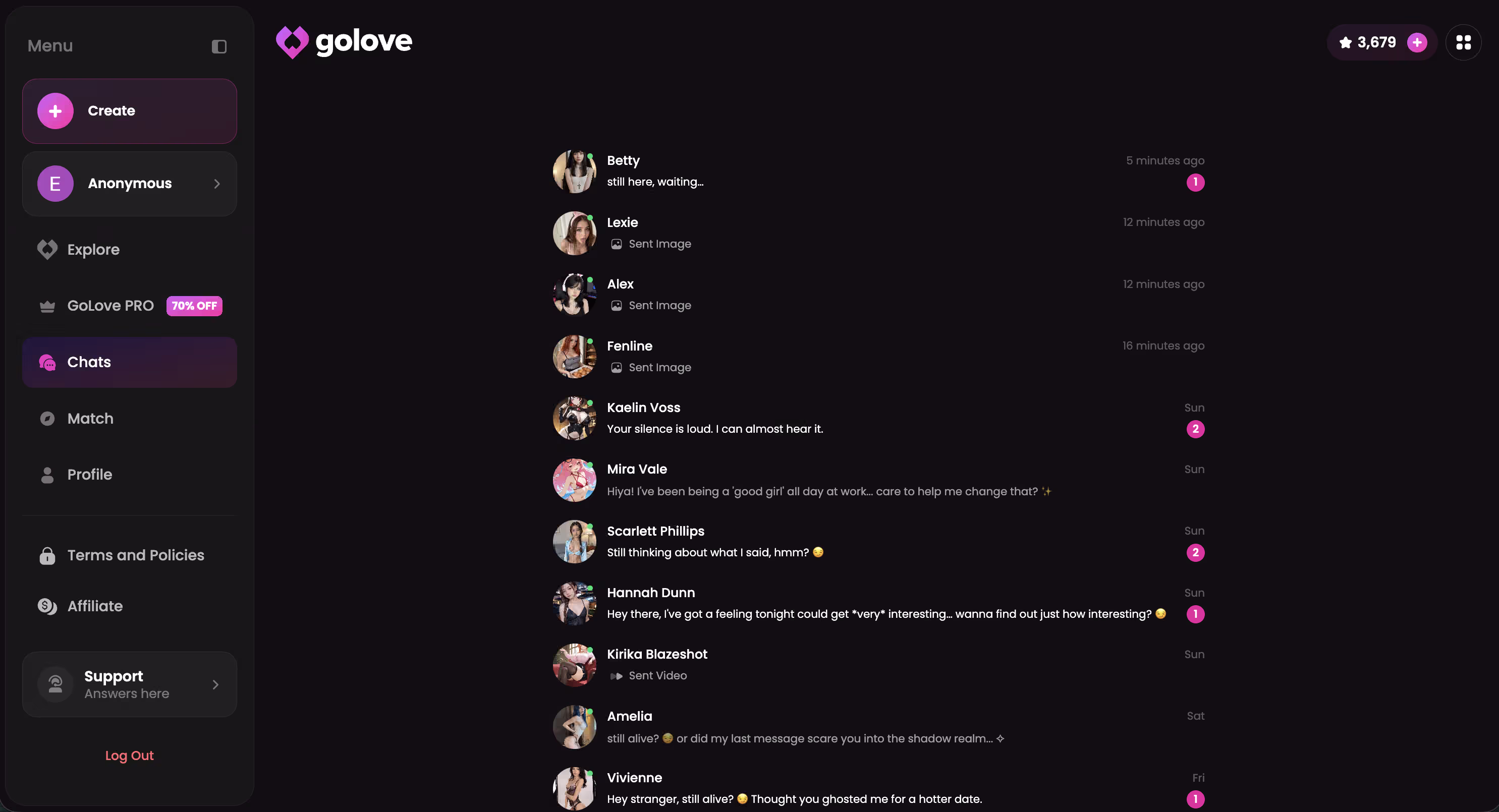 GoLove.ai pricing page showing subscription plan tiers with monthly and annual USD amounts and feature inclusions per tier