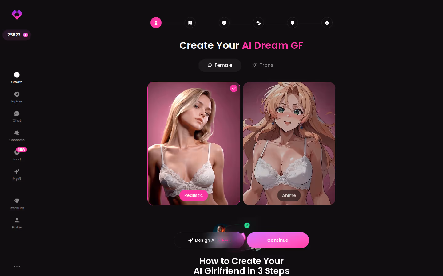 GoLove.ai Create wizard start screen with Realistic, Anime and Trans category cards