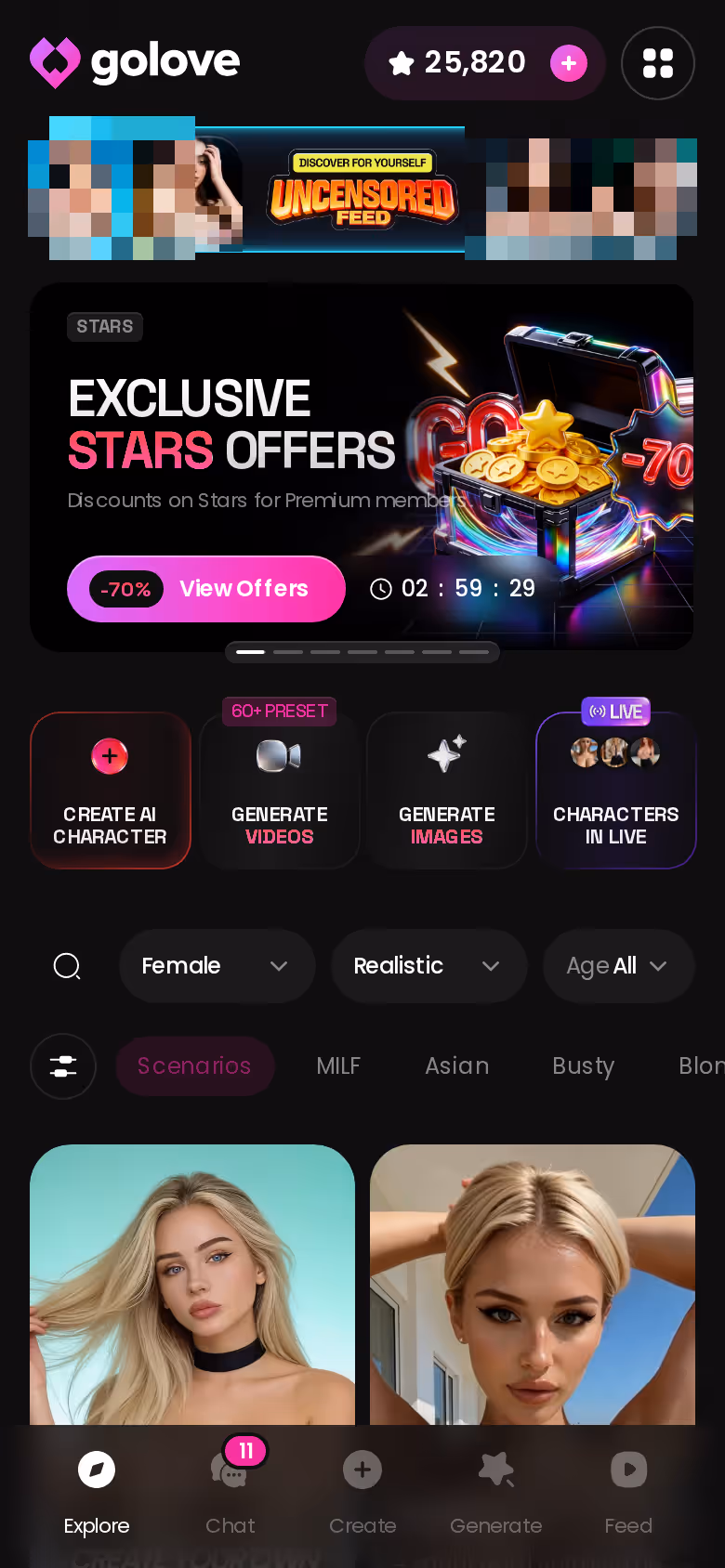GoLove.ai Explore tab on mobile showing realistic character cards