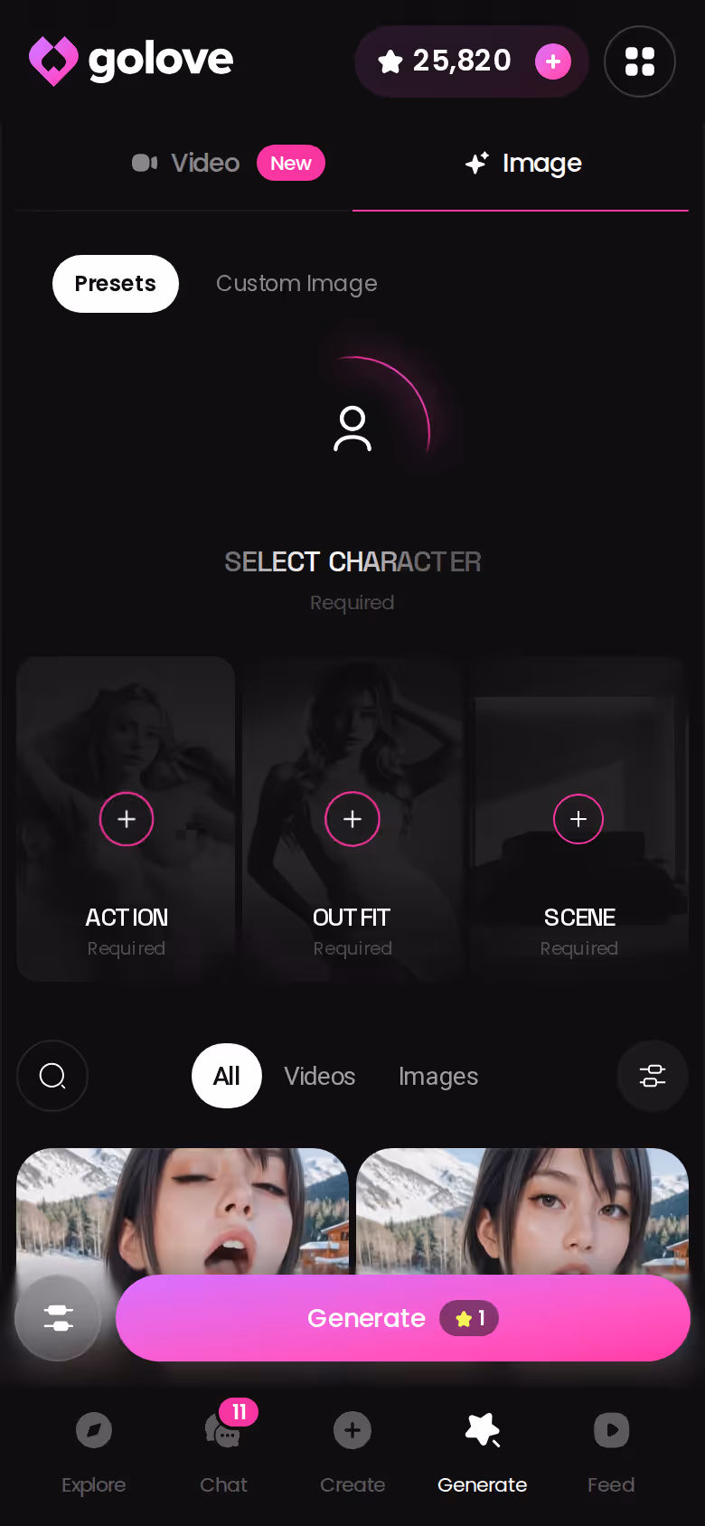 GoLove.ai Image mode on mobile with pose, outfit and background preset cards